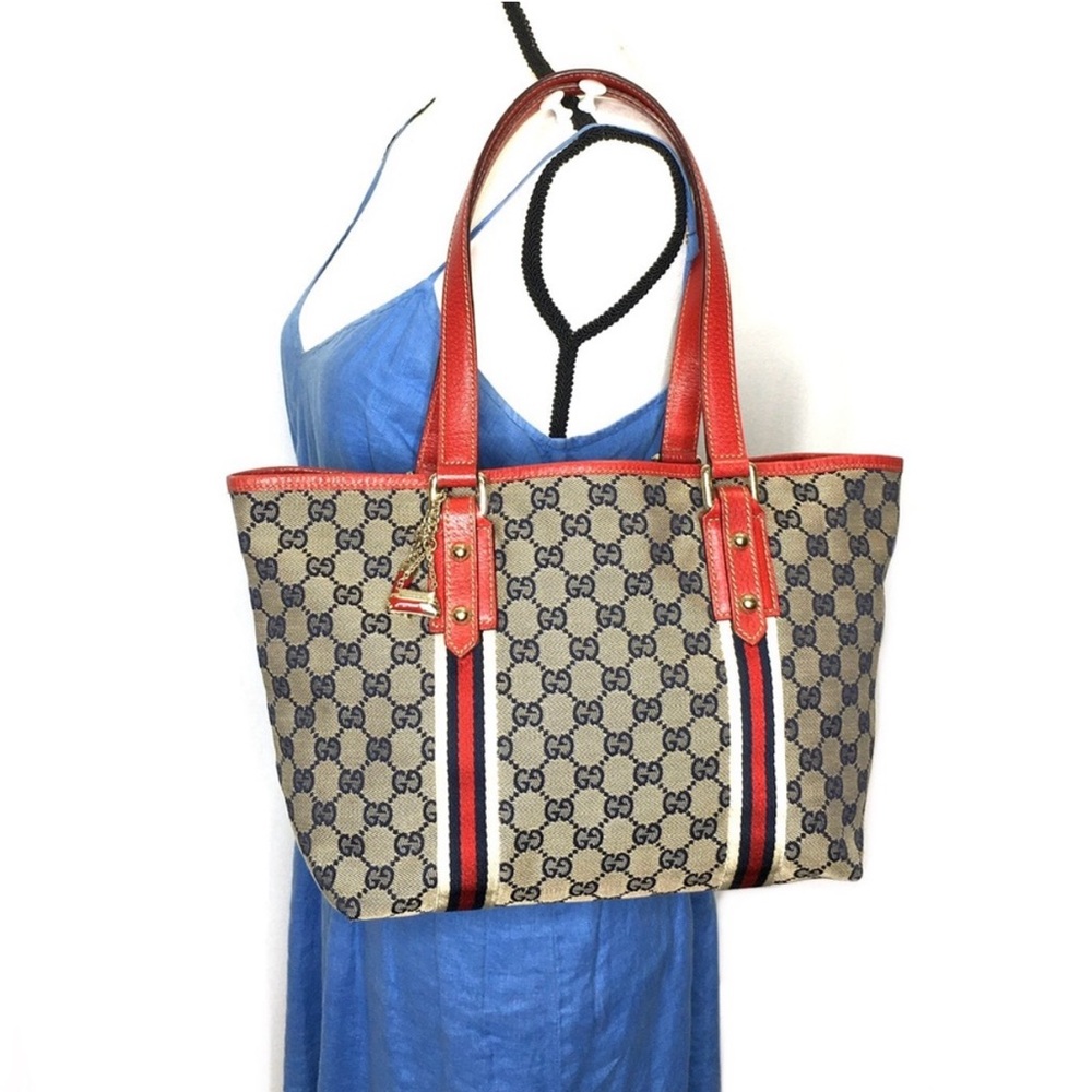 Authentic Gucci Sherry Line tote bag grey canvas red leather - Picture 2 of 16